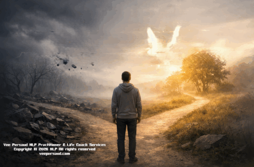 A person standing at a crossroads, choosing between two paths—one shadowed, one sunlit—symbolizing the power to choose thoughts that shape stress or peace.